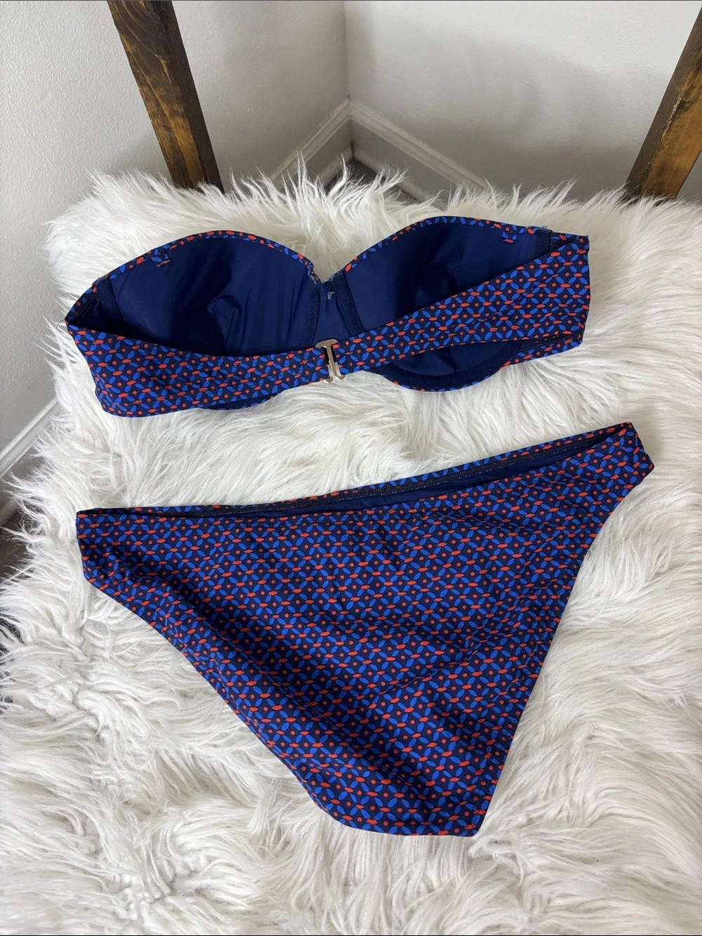 Tory Burch Blue Bandeau Bikini with Red Geo Print Size M